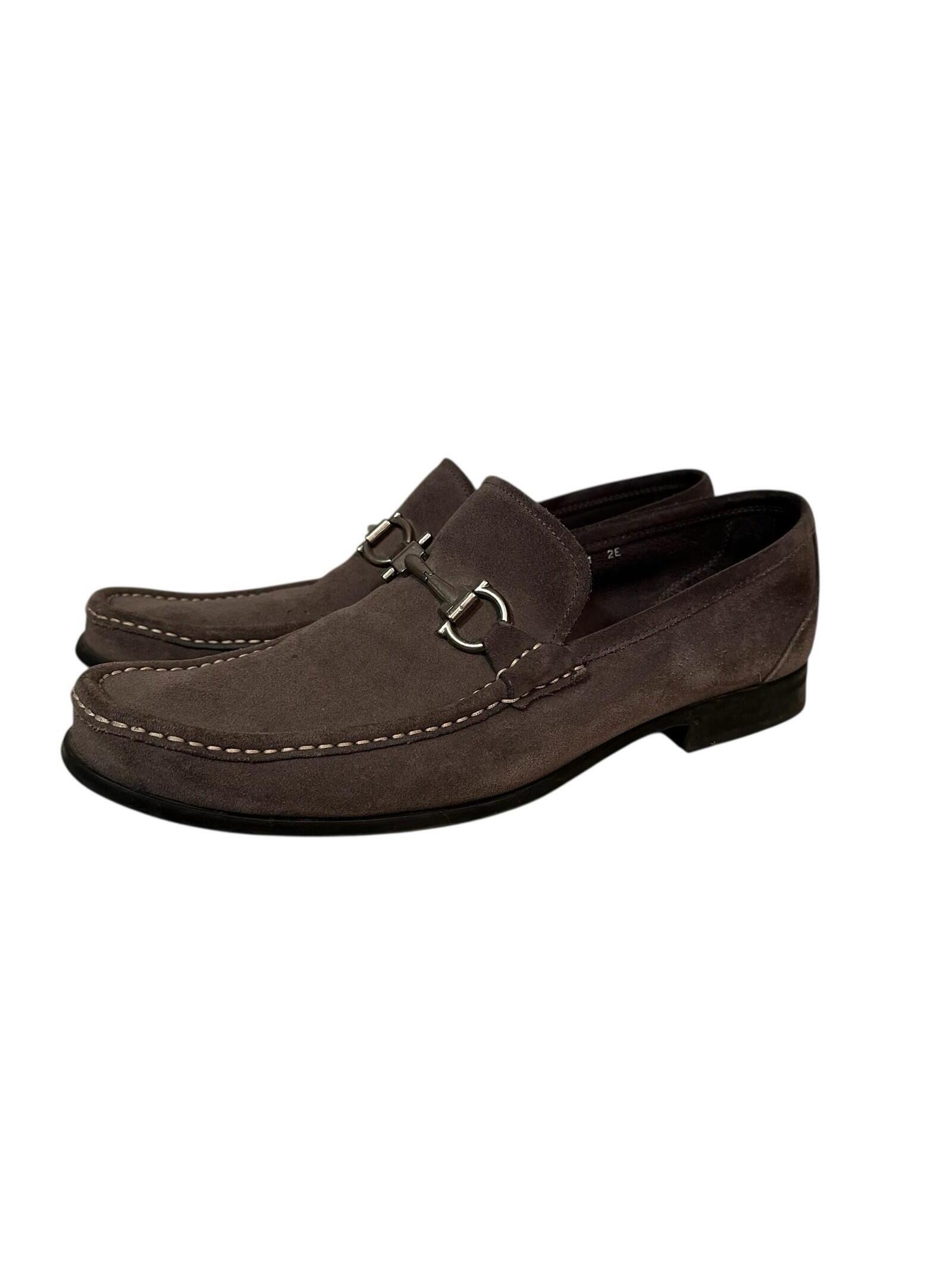 Ferragamo Gray Suede Loafers 11 Ee Wide Silver Gancini Bit Buckle Luxury Shoe